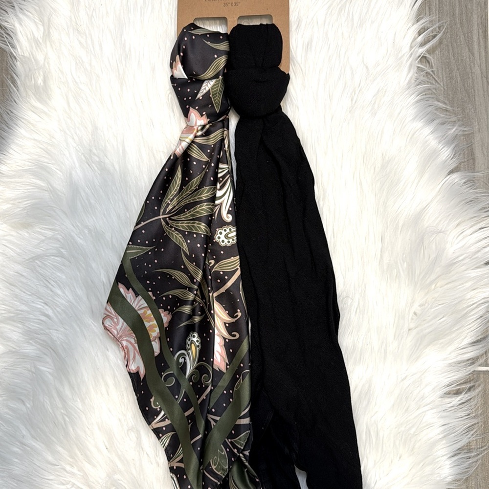 NWT Steve Madden Black and Floral Satin Square & Gauze Scarf Set